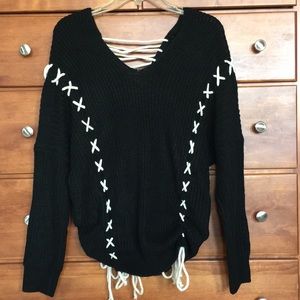 Unique lace-up black relaxed fit sweater.  NWOT.